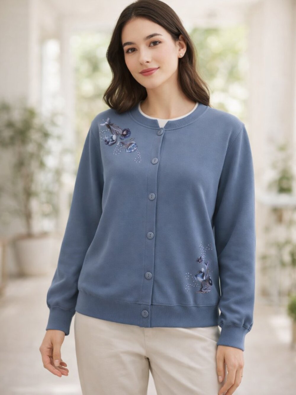 Embroidered Blue Women's Cardigan